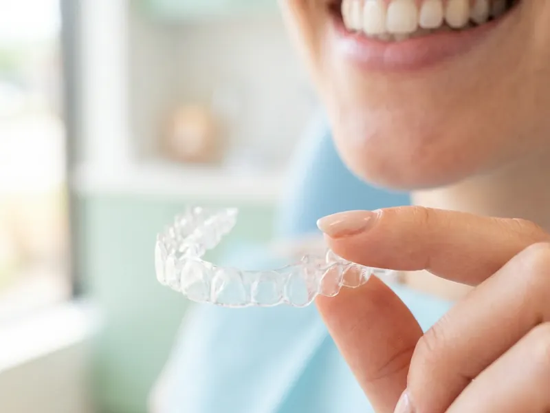 A clear tray held up in front of a smile