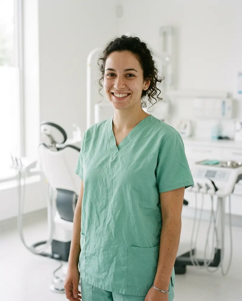 Ella Rossi, our dental hygienist, standing in the treatment room