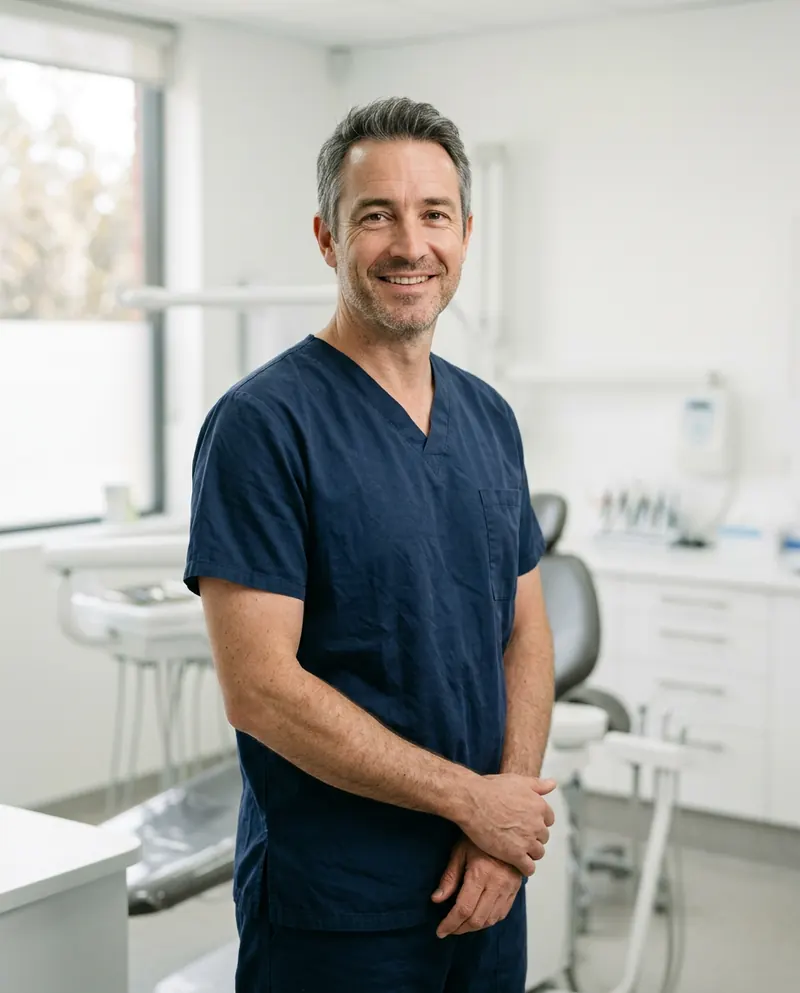 Dr Tom Hartley standing in the treatment room at Little Chip Dental