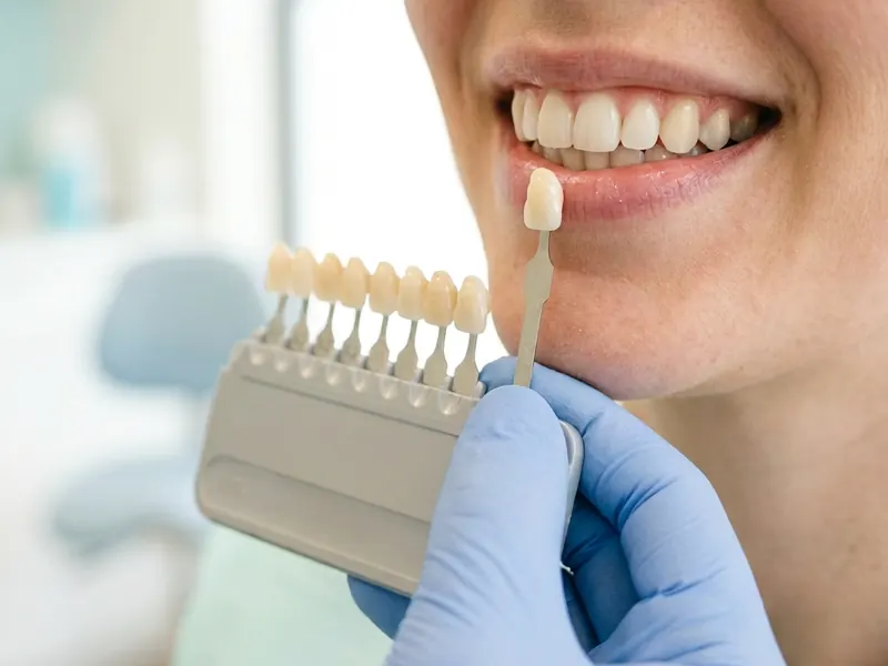 Shade guide held against a patient's smile before repairing a tooth