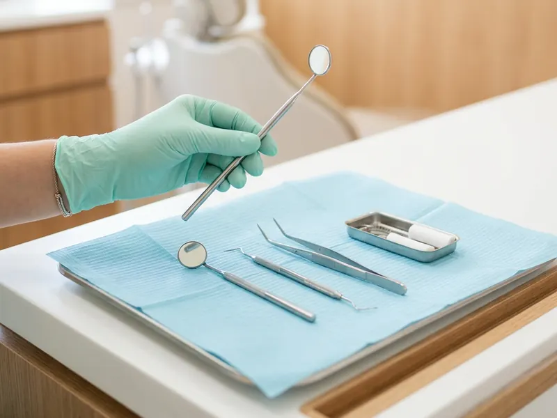 Dental mirror and instruments laid out on a tray